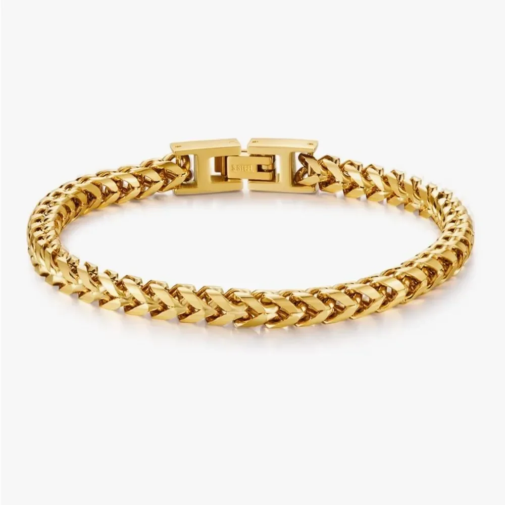 14K Gold Franco Chain Bracelet 6MM Stainless Steel Fold Over Clasp Heavy Link